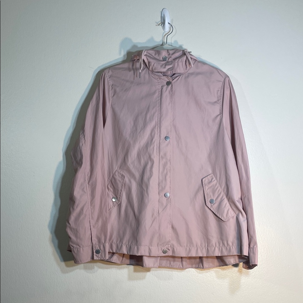 ZARA Dusty Rose Hooded Rain Jacket Windbreaker Ruffle Hem Size L